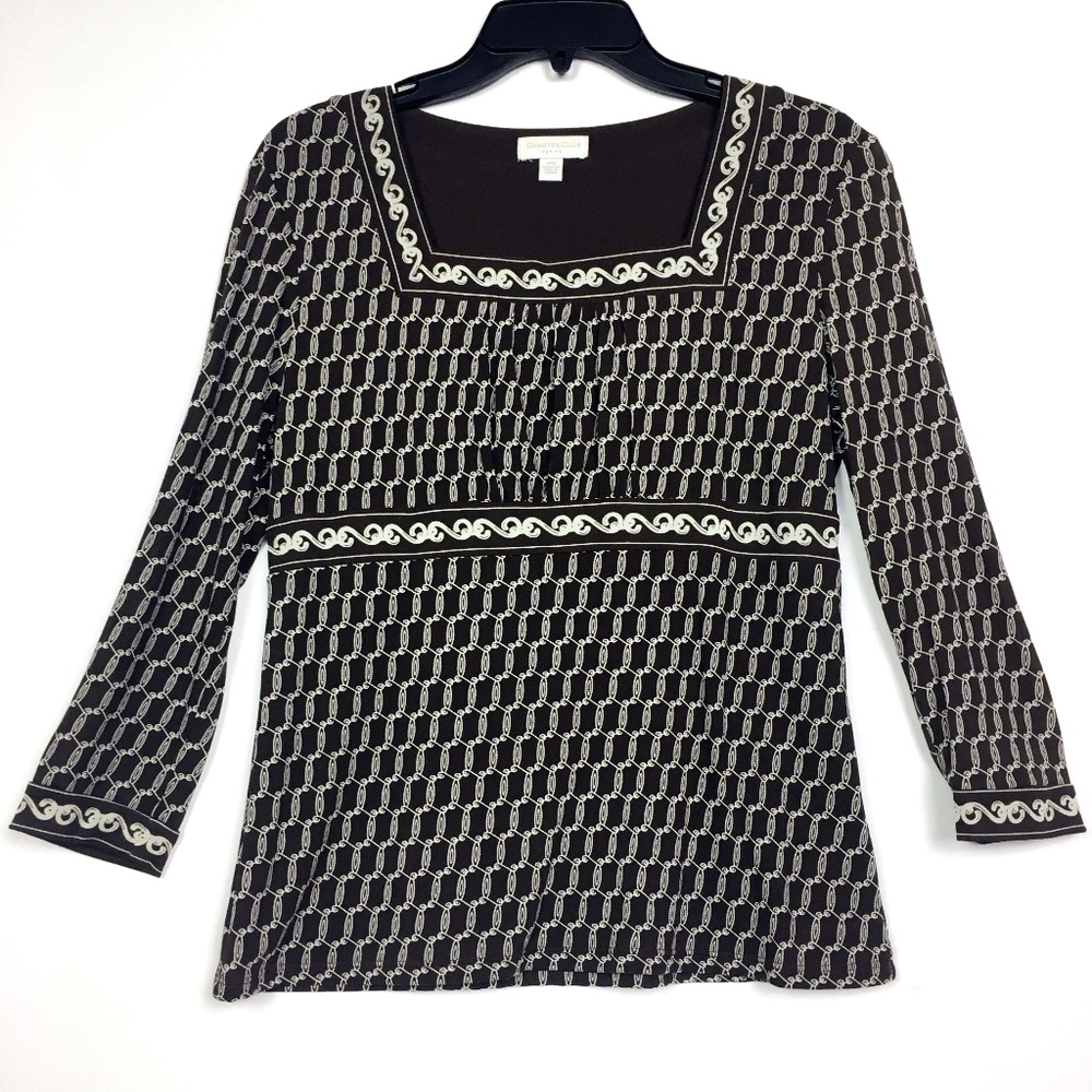 Charter Club Brown Square Neck Empire Waist Top